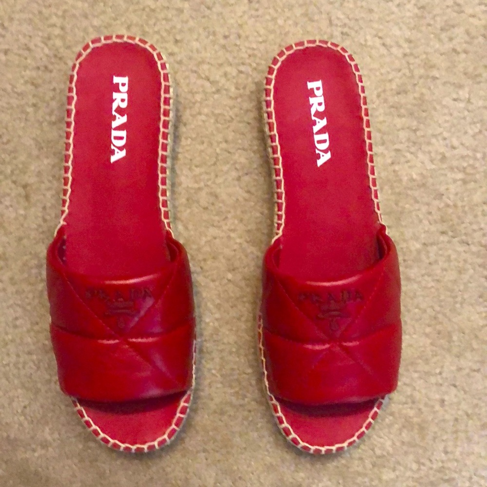 NIB PRADA Red Leather Slides, Size 38